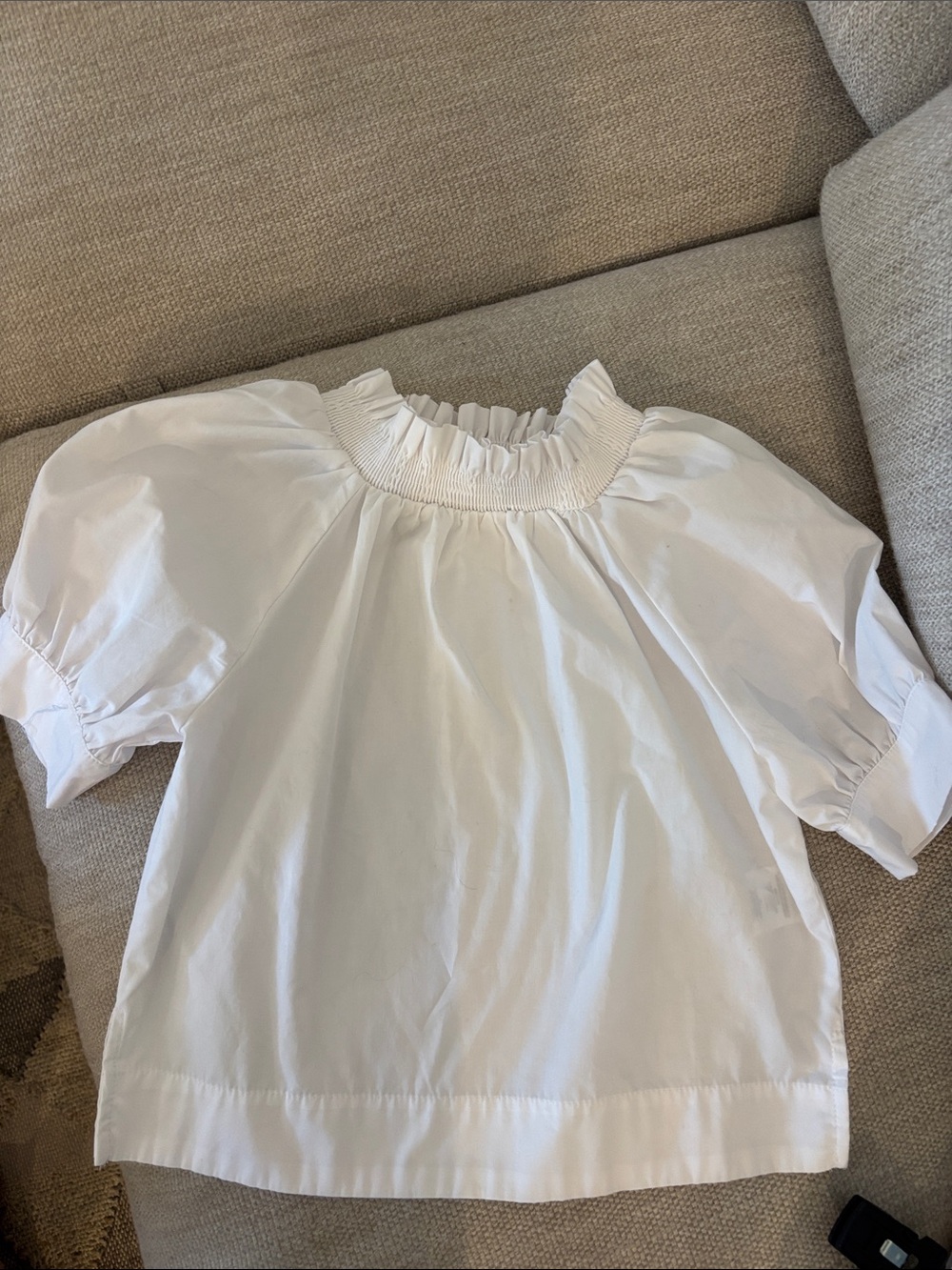 Copper Key White Smocked Ruffle Neck Puff Sleeve Top